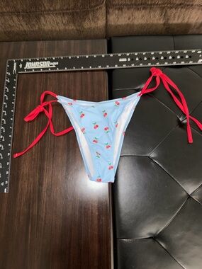 Light Blue Cherry Print Tie-Side Bikini Bottom with Red Ties